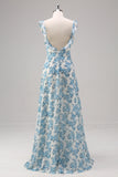 A-Line Square Neck White Blue Flower Long Bridesmaid Dress with Slit