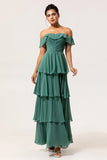 Eucalyptus A-Line Off The Shoulder Tiered Ruched Chiffon Long Bridesmaid Dress