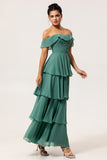 Eucalyptus A-Line Off The Shoulder Tiered Ruched Chiffon Long Bridesmaid Dress