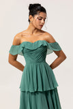 Eucalyptus A-Line Off The Shoulder Tiered Ruched Chiffon Long Bridesmaid Dress