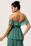 Eucalyptus A-Line Off The Shoulder Tiered Ruched Chiffon Long Bridesmaid Dress