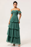 Eucalyptus A-Line Off The Shoulder Tiered Pleated Floor Length Bridesmaid Dress