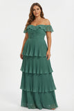 Eucalyptus Off The Shoulder A-Line Tiered Pleated Long Plus Size Bridesmaid Dress
