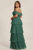 Eucalyptus Off The Shoulder A-Line Tiered Pleated Long Plus Size Bridesmaid Dress