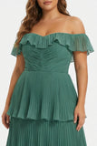 Eucalyptus Off The Shoulder A-Line Tiered Pleated Long Plus Size Bridesmaid Dress