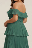 Eucalyptus Off The Shoulder A-Line Tiered Pleated Long Plus Size Bridesmaid Dress