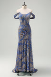 Mermaid Off The Shoulder Ruched Burnout Velvet Grey Blue Long Bridesmaid Dress