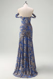 Mermaid Off The Shoulder Ruched Burnout Velvet Grey Blue Long Bridesmaid Dress
