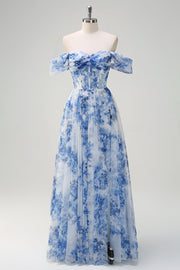 White Blue Flower A-Line Off the Shoulder Ruched Corset Floor Length Dress with Slit