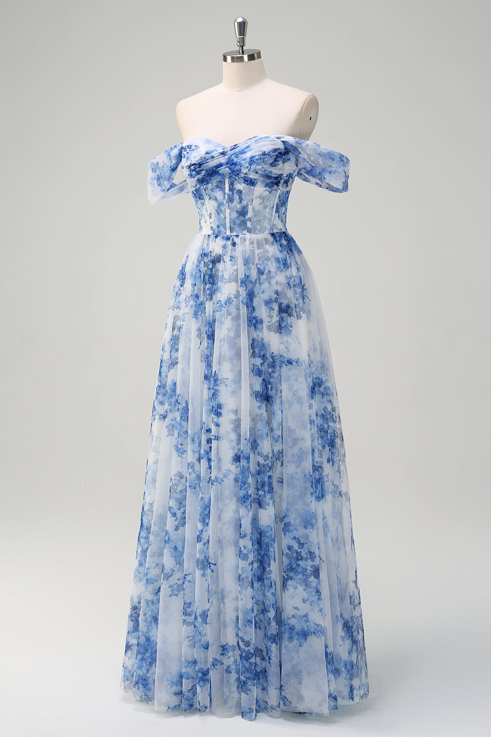 pastel blue and white dress ZAPAKA Women White Blue Flower Corset Long Prom Dress With Slit Spaghetti Straps Ruched Wedding Party Dress, White Blue Flower / US8