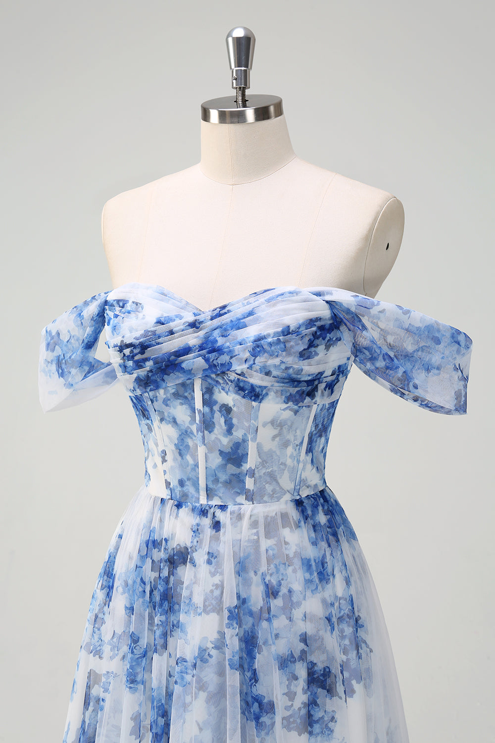 WEDTREND Women White Blue Flower Bridesmaid Dress with Slit A-Line Off the Shoulder Ruched Corset Prom Dress WEDTREND Women White Blue Flower Bridesmaid Dress with Slit A-Line Off the Shoulder Ruched Corset Prom Dress