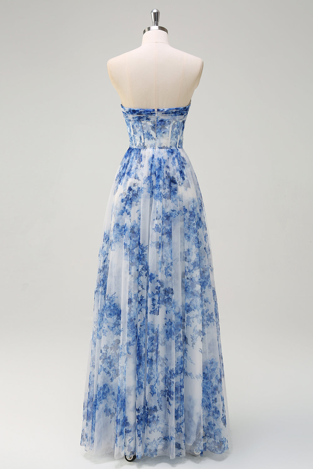 WEDTREND Women White Blue Flower Bridesmaid Dress with Slit A-Line Off the Shoulder Ruched Corset Prom Dress WEDTREND Women White Blue Flower Bridesmaid Dress with Slit A-Line Off the Shoulder Ruched Corset Prom Dress
