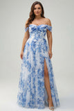 Off the Shoulder White Blue Flower A-Line Ruched Corset Plus Size Bridesmaid Dress with Slit
