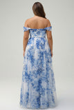 Off the Shoulder White Blue Flower A-Line Ruched Corset Plus Size Bridesmaid Dress with Slit