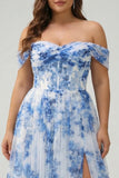 Off the Shoulder White Blue Flower A-Line Ruched Corset Plus Size Bridesmaid Dress with Slit