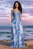 White Blue Flower A Line Spaghetti Straps Ruched Long Bridesmaid Dress