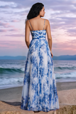 White Blue Flower A Line Spaghetti Straps Ruched Long Bridesmaid Dress