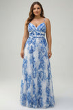 White Blue Flower A Line Spaghetti Straps Pleated Long Plus Size Bridesmaid Dress