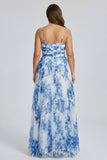 White Blue Flower A Line Spaghetti Straps Pleated Long Plus Size Bridesmaid Dress
