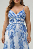 White Blue Flower A Line Spaghetti Straps Pleated Long Plus Size Bridesmaid Dress