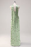 Sage White Flower Sheath Streamer Long Satin Bridesmaid Dress with Slit