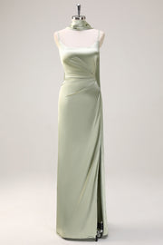 Sage Sheath Spaghetti Straps Streamer Convertible Long Satin Bridesmaid Dress with Slit
