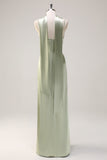 Sage Sheath Spaghetti Straps Streamer Long Satin Bridesmaid Dress with Slit