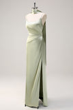 Sage Sheath Spaghetti Straps Streamer Long Satin Bridesmaid Dress with Slit