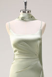 Sage Sheath Spaghetti Straps Streamer Long Satin Bridesmaid Dress with Slit
