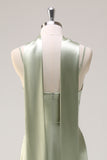 Sage Sheath Spaghetti Straps Streamer Long Satin Bridesmaid Dress with Slit