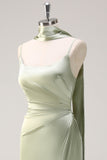 Sage Sheath Spaghetti Straps Streamer Long Satin Bridesmaid Dress with Slit