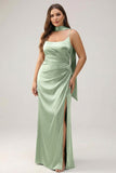 Sage Sheath Spaghetti Straps Streamer Convertible Long Satin Plus Size Bridesmaid Dress with Slit