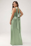 Sage Sheath Spaghetti Straps Streamer Convertible Long Satin Plus Size Bridesmaid Dress with Slit