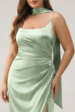 Sage Sheath Spaghetti Straps Streamer Convertible Long Satin Plus Size Bridesmaid Dress with Slit