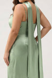 Sage Sheath Spaghetti Straps Streamer Convertible Long Satin Plus Size Bridesmaid Dress with Slit