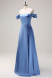 Dusty Blue A-Line Off The Shoulder Ruched Long Bridesmaid Dress