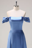 Dusty Blue A-Line Off The Shoulder Ruched Long Bridesmaid Dress