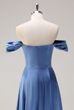 Dusty Blue A-Line Off The Shoulder Ruched Long Bridesmaid Dress