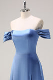 Dusty Blue A-Line Off The Shoulder Ruched Long Bridesmaid Dress