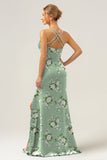 Sage White Flower Mermaid Spaghetti Straps Satin Long Bridesmaid Dress with Slit
