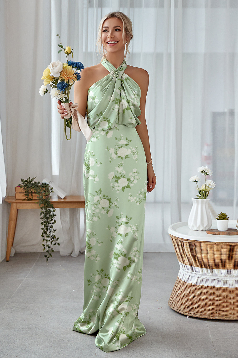 Wedtrend Women Sage White Flower Satin Long Bridesmaid Dress Sheath Halter Ruched Wedding Guest Dress WEDTREND Wedtrend Women Sage White Flower Satin Long Bridesmaid Dress Sheath Halter Ruched Wedding Guest Dress WEDTREND