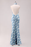 Sage White Flower Mermaid Halter Open Back Floor Length Satin Print Bridesmaid Dress