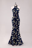 Sage White Flower Mermaid Halter Open Back Floor Length Satin Print Bridesmaid Dress