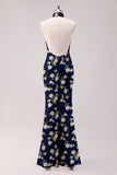 Sage White Flower Mermaid Halter Open Back Floor Length Satin Print Bridesmaid Dress
