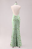 Sage White Flower Mermaid Halter Open Back Floor Length Satin Print Bridesmaid Dress
