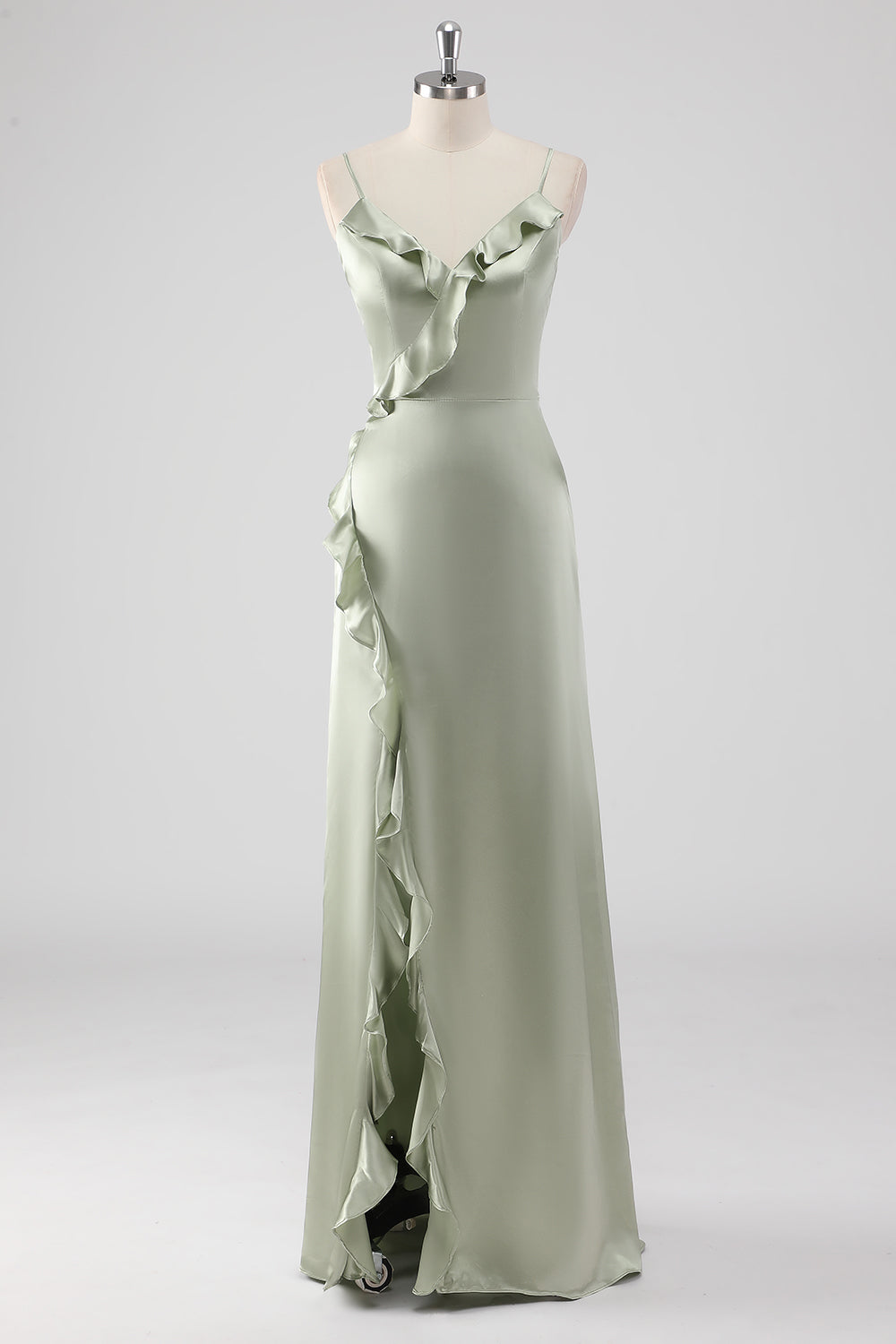 Wedtrend Women Sage Bridesmaid Dress Long Satin V Neck Ruffled Sheath Wedding Guest Dress – WEDTREND