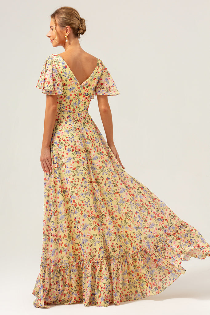 Wedtrend Women Yellow Flower Printed Bridesmaid Dress with Short