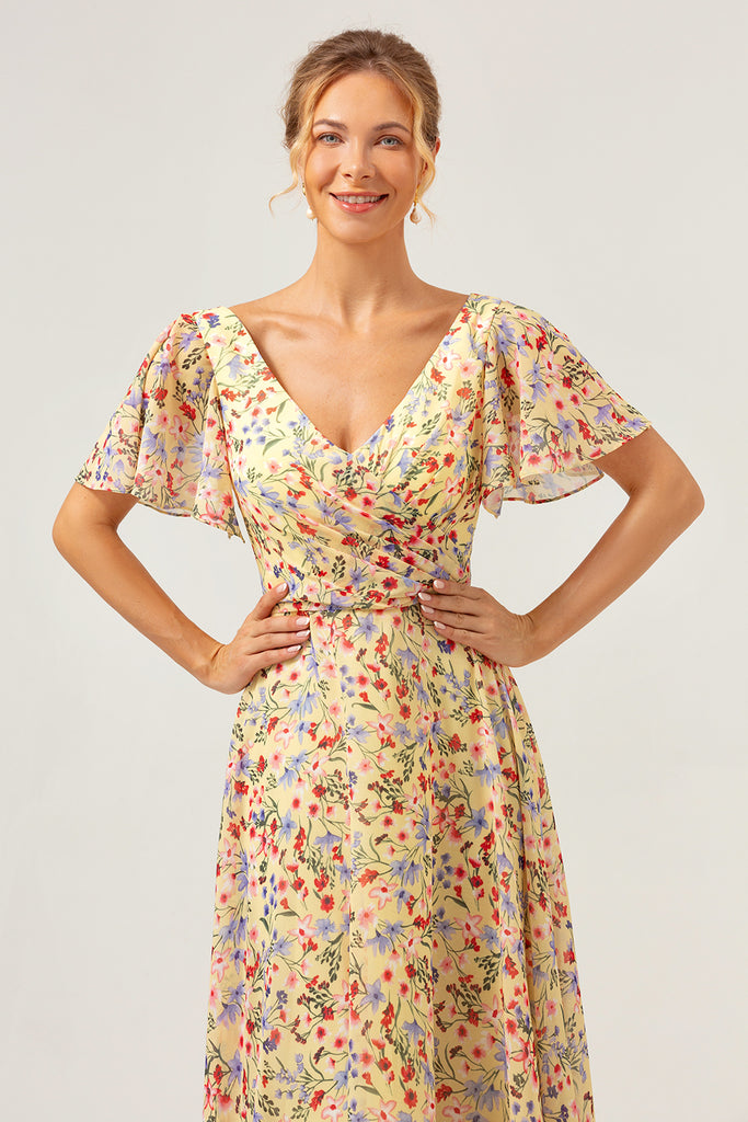 Wedtrend Women Yellow Flower Printed Bridesmaid Dress with Short