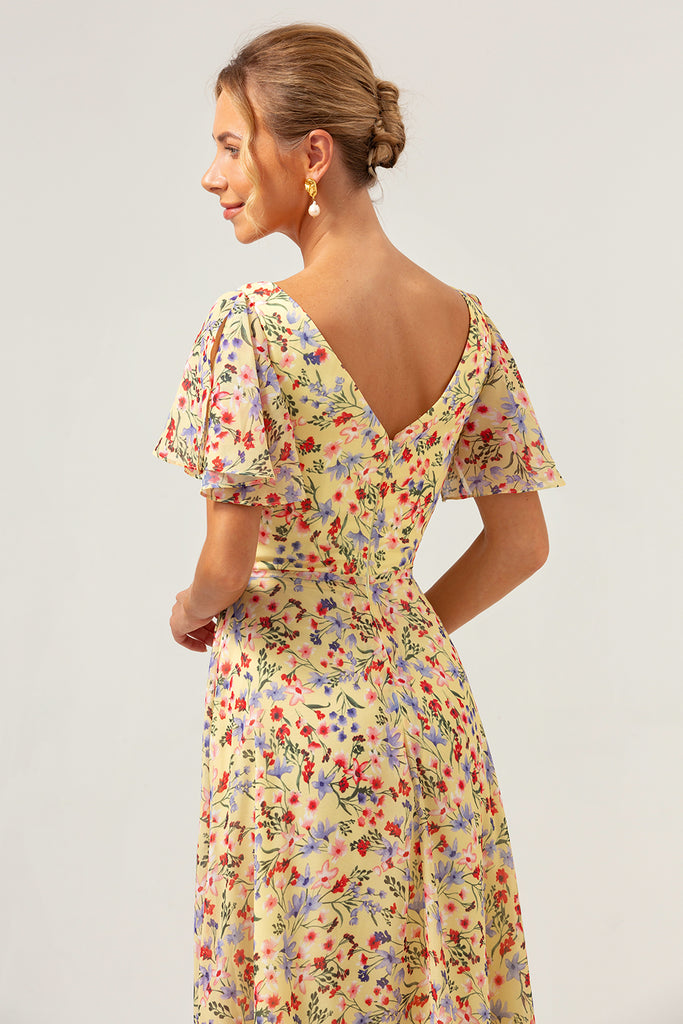 Wedtrend Women Yellow Flower Printed Bridesmaid Dress with Short
