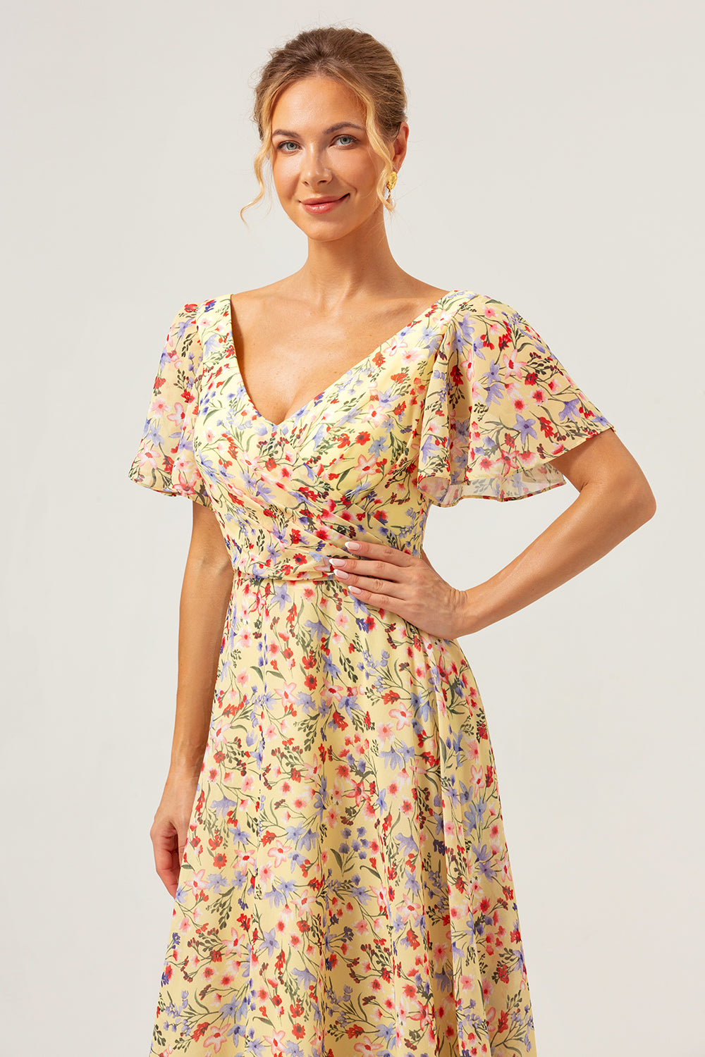 floral short bridesmaid dresses Rose Floral V Neck Short Sleeves Slit Long Chiffon Bridesmaid Dresses